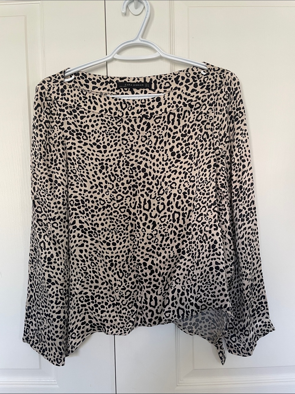 Zara Beige and Black Leopard-Print Long Sleeve Top SizeS